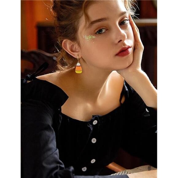 WOWORAMA Candy Corn Earrings | Sparkly Halloween Hoop Drops. - Picture 4 of 6
